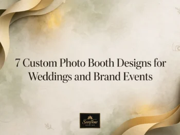 Text reads: “7 Custom Photo Booth Designs for Weddings and Brand Events.” Background features light beige and gold artistic swirls with the Sunflow Booths logo at the bottom.