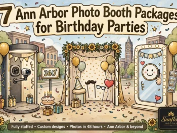 Three photo booths decorated with balloons, sunflowers, and party hats stand in front of an Ann Arbor landmark. A banner reads, “7 Ann Arbor Photo Booth Packages for Birthday Parties.” Sunflow Booths logo is in the corner.
