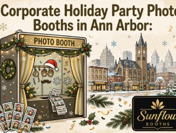 Festive illustration of a holiday-themed photo booth with props, a snowy cityscape of Ann Arbor, and text promoting corporate party photo booths by Sunflow Booths.