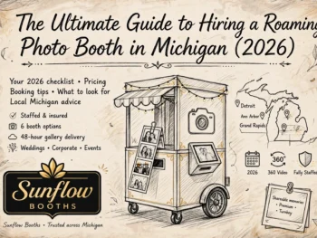 Vintage-style flyer for Sunflow Booths features a whimsical photo booth cart, 2026 checklist, map of Michigan, event icons, and text promoting their roaming photo booth services for weddings, corporate, and events.