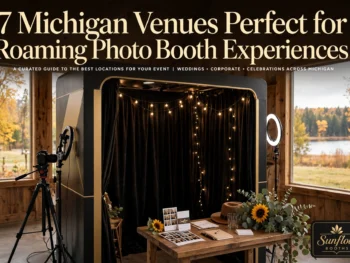 A cozy indoor photo booth with string lights, a camera on a tripod, a table with props and flowers, and large windows showing an autumn landscape. Text overlay advertises Michigan venues for photo booth experiences.