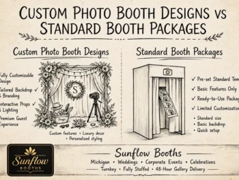 A comparison of custom photo booth designs vs standard booth packages, listing features of each with illustrated examples. Sunflow Booths logo and details are at the bottom.