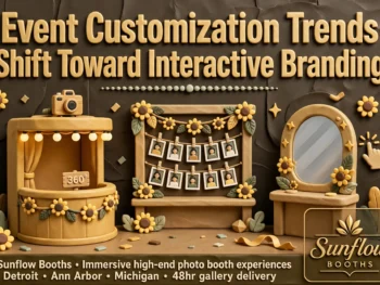 Event Customization Trends Shift Toward Interactive Branding“ headline above a 360 photo booth, a photo display stand, and a mirror station, with “Sunflow Booths” branding and location details below.